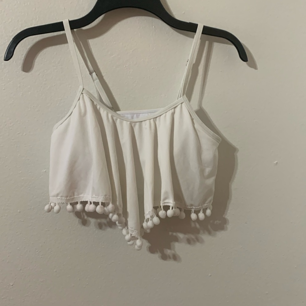 No Brand White Swim Suit Top With Pom-Poms  Size 160 Girls 14-16 Used